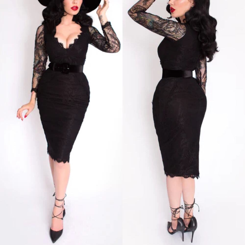 La Femme En Noir La Dentelle Long Sleeve Lace V Neck Pinup Midi Dress Medium